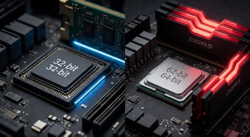 Comparativa visual entre componentes de hardware de 32 y 64 bits