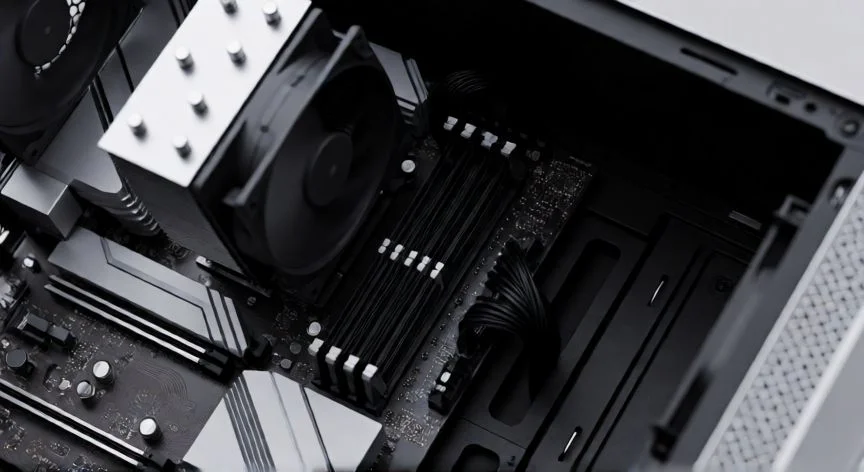 diferencia entre 32 y 64 bits, Interior de un ordenador mostrando la instalación de memoria RAM en una placa base moderna