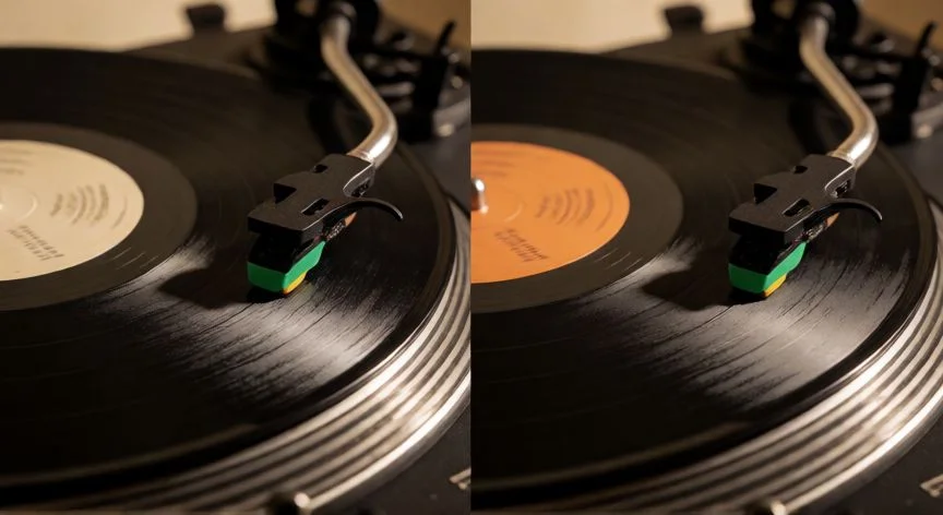 Comparación visual de la densidad de surcos entre discos de 33 y 45 RPM en un tocadiscos