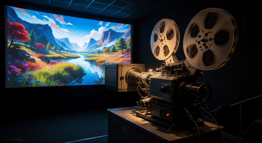 diferencia entre 35mm y 70mm, Proyector de película de gran formato 70mm en una sala de proyección profesional