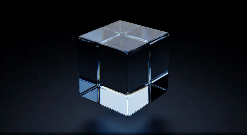 Cubo de vidrio tridimensional flotando en el espacio oscuro
