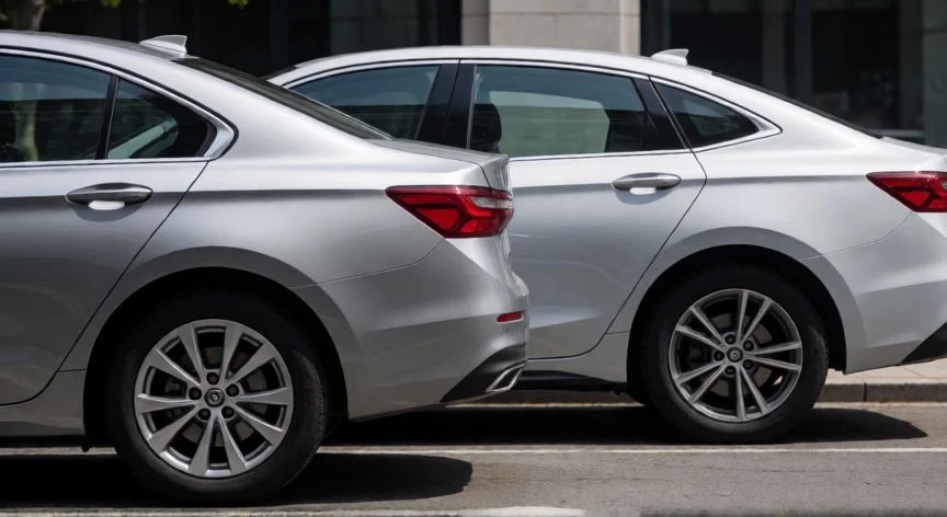 Comparativa lateral de un coche de 4 puertas y uno de 5 puertas en la ciudad