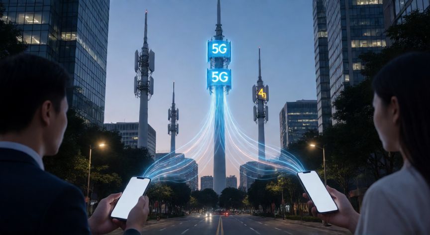 Comparación visual de antenas 4G y 5G en una ciudad moderna transmitiendo datos a móviles