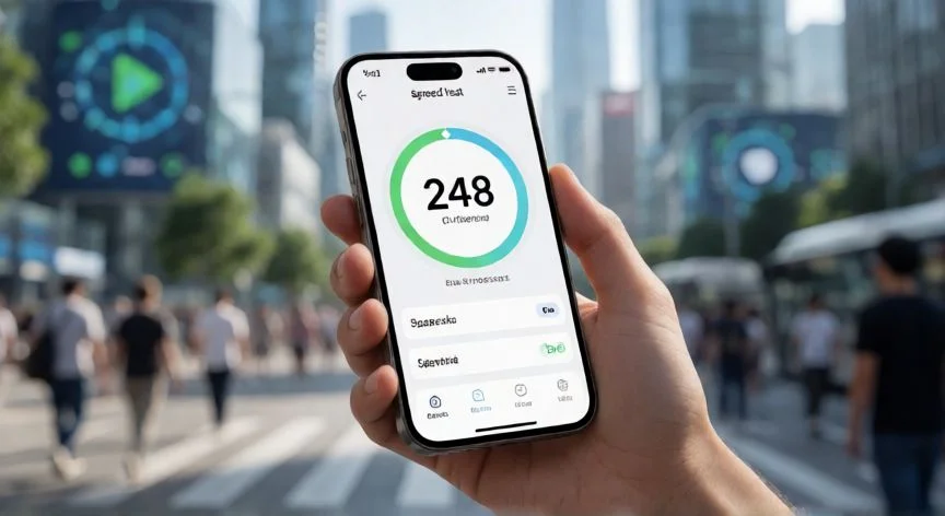 diferencia entre 4g y 5g, Móvil inteligente mostrando resultados de velocidad de red 5G en un entorno urbano