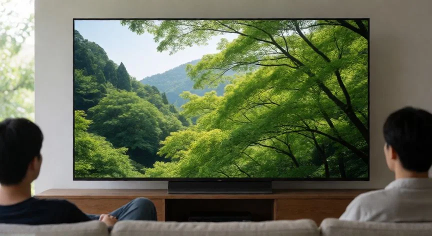 diferencia entre 4k y 8k, Televisor de gran formato mostrando la nitidez de alta resolución en un salón moderno