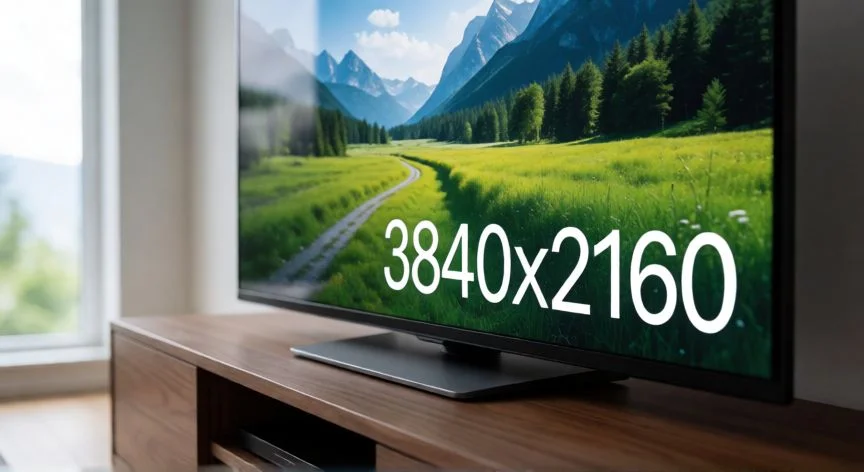 Televisor UHD mostrando resolución de 3840 por 2160 píxeles en sala de estar moderna
