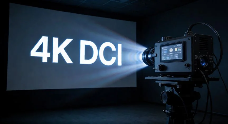 diferencia entre 4k y uhd, Proyector cinematográfico profesional emitiendo luz en sala de cine con etiqueta 4K DCI