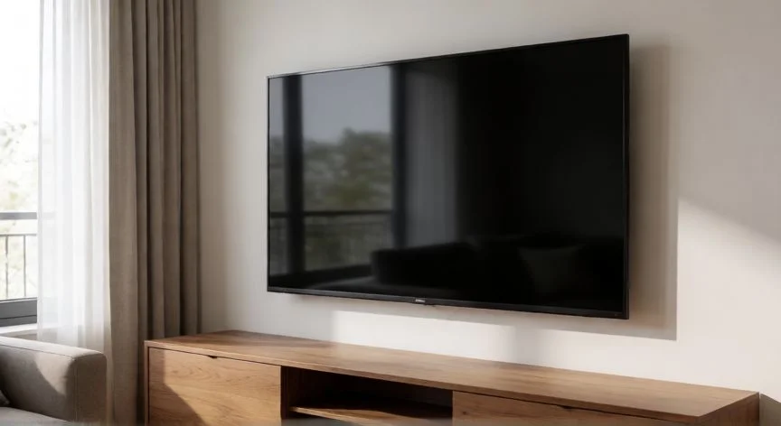 Vista lateral de una televisión de pantalla grande instalada sobre un mueble en una sala de estar moderna