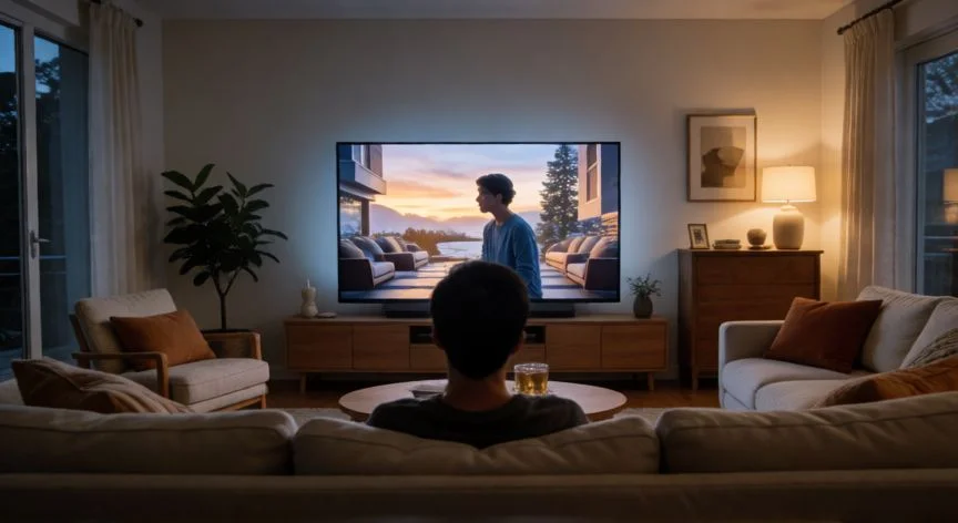 diferencia entre 50 y 55 pulgadas, Persona viendo una televisión de gran tamaño desde el sofá en una sala espaciosa