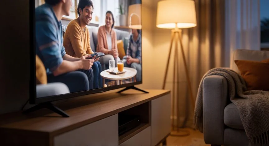 diferencia entre 55 y 65 pulgadas, Televisor de 55 pulgadas en un mueble bajo visto desde una distancia corta ideal para espacios pequeños