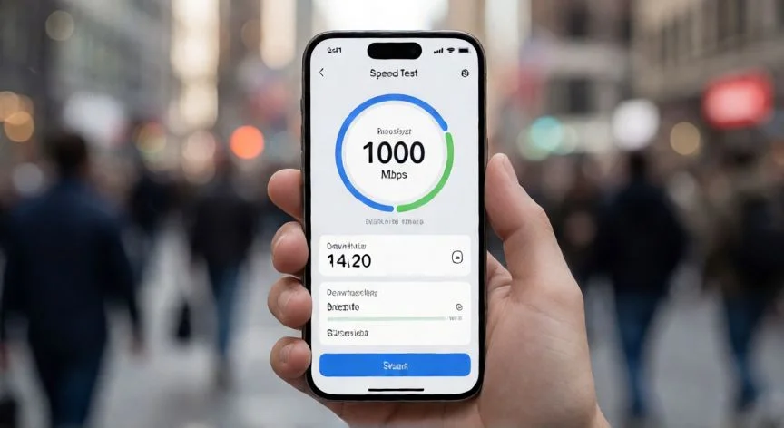 diferencia entre 5g y lte, Prueba de velocidad en smartphone mostrando capacidad de red 5G
