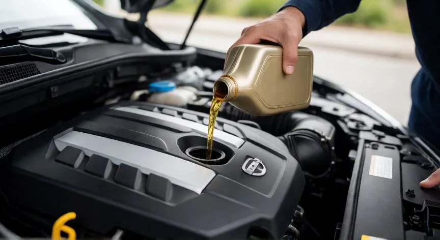 Mecánico reponiendo aceite de motor 5W30 en un vehículo moderno