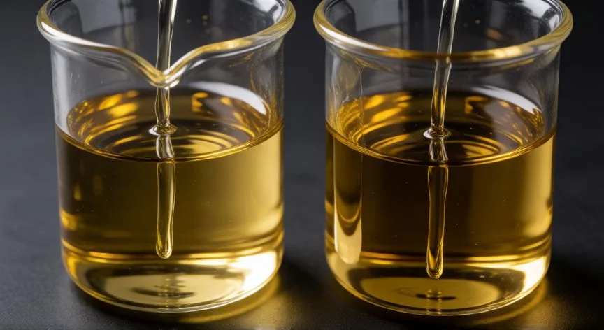 Comparación visual de la viscosidad entre aceite 5W30 y 5W40 en probetas