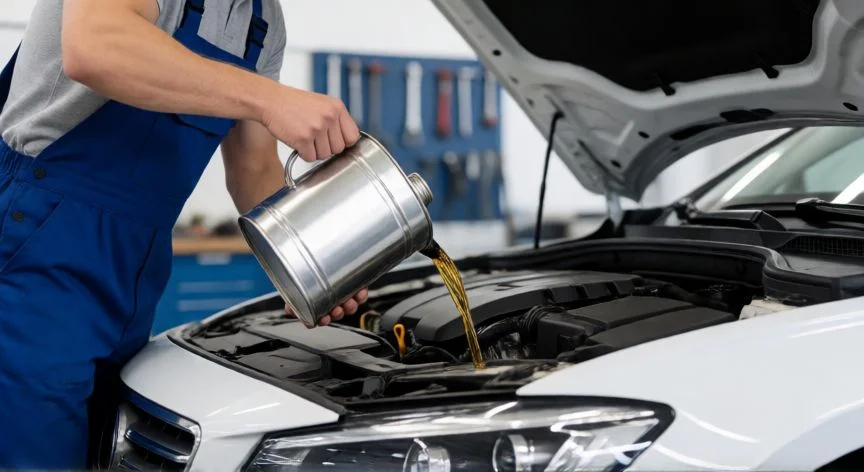diferencia entre 5w30 y 5w40, Mecánico realizando el cambio de aceite en un automóvil moderno