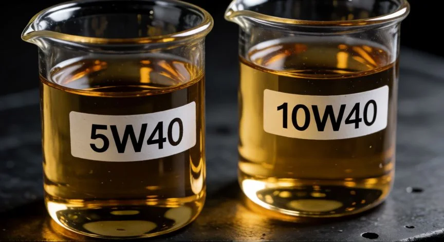 Comparación visual de la viscosidad entre aceite 5W40 y 10W40 en vasos de laboratorio