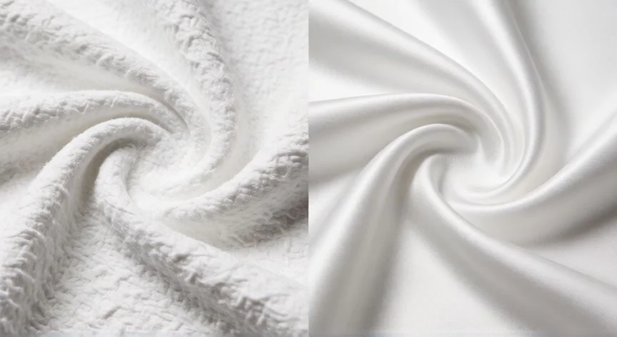 diferencia entre 60 y 120 tpi, Comparativa visual entre dos tipos de tejido blanco con diferentes niveles de suavidad y brillo