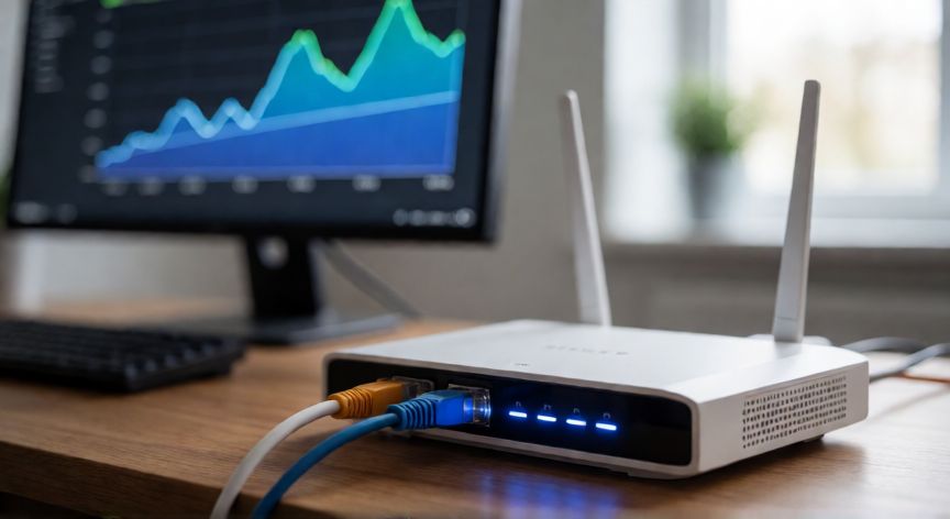 Router de fibra óptica moderno con indicadores LED encendidos en un escritorio