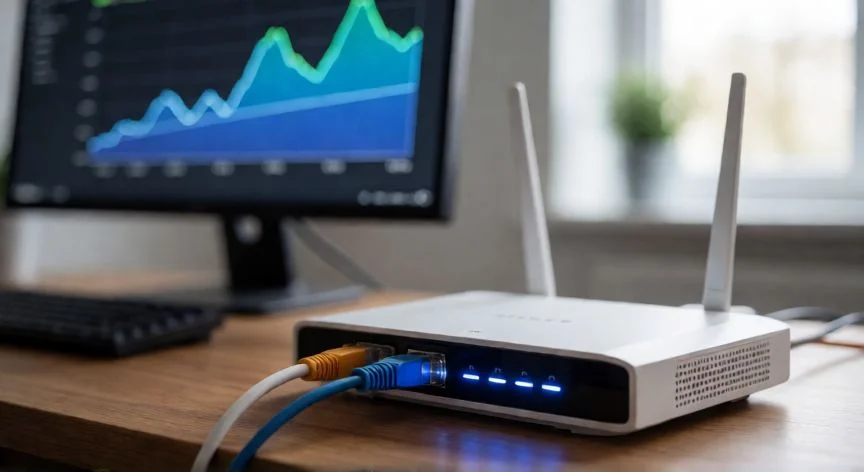 diferencia entre 600 mb y 1 gb fibra, Router de fibra óptica moderno con indicadores LED encendidos en un escritorio