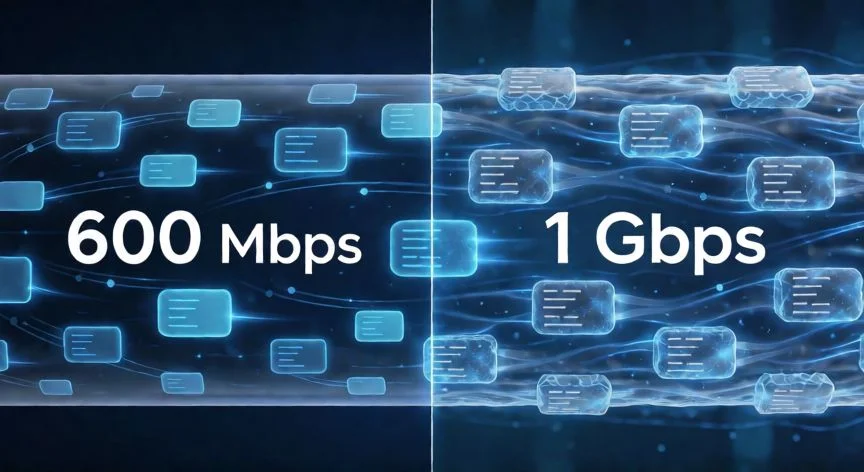 diferencia entre 600 mb y 1 gb fibra, Comparación visual de flujo de datos entre conexión de 600 Mbps y 1 Gbps