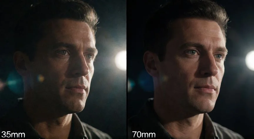 diferencia entre 70mm y 35mm, Objetivos de 35mm y 70mm sobre un banco de trabajo fotográfico con escena urbana de fondo