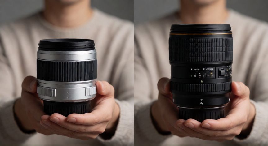 Comparación visual entre un objetivo plano normal y un lente de 70mm en un estudio fotográfico