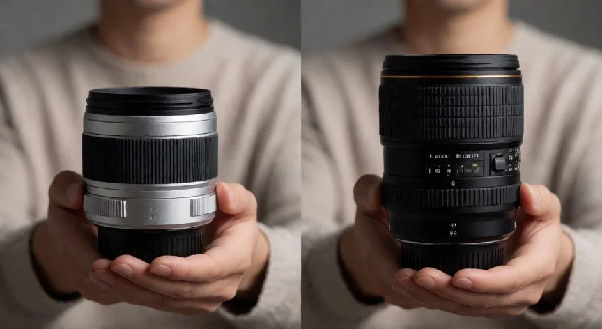 Comparación visual entre un objetivo plano normal y un lente de 70mm en un estudio fotográfico