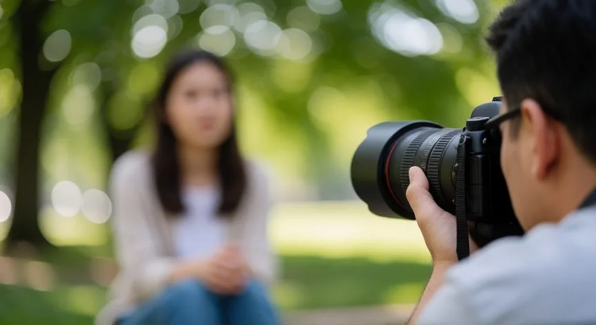 diferencia entre 70mm y normal, Fotógrafo utilizando un objetivo de 70mm para capturar retratos con efecto de compresión y bokeh