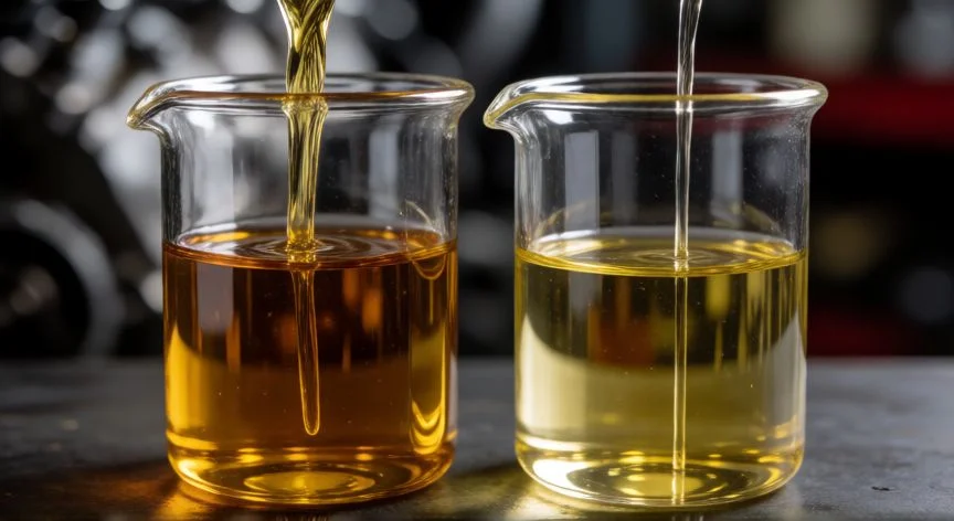 Comparación visual de la viscosidad entre dos tipos de aceite sintético en recipientes de vidrio
