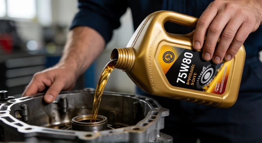 Vertiendo aceite de transmisión viscoso 75W80 en un diferencial de coche