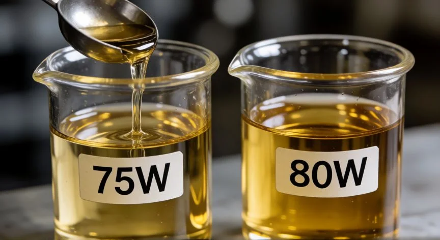 Comparación visual de la fluidez entre aceite 75W y 80W en probetas de laboratorio