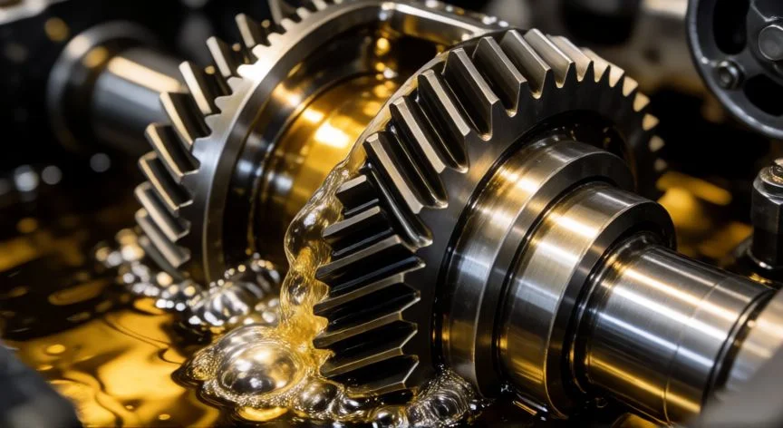 diferencia entre 75w90 y 80w90, Engranajes de un diferencial lubricados con aceite sintético dorado en movimiento