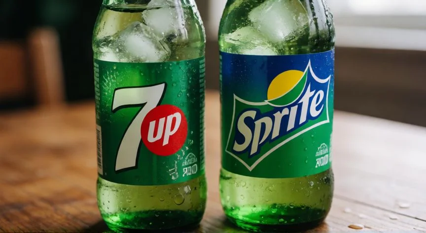 Botellas de vidrio de 7Up y Sprite con hielo y condensación sobre mesa de madera