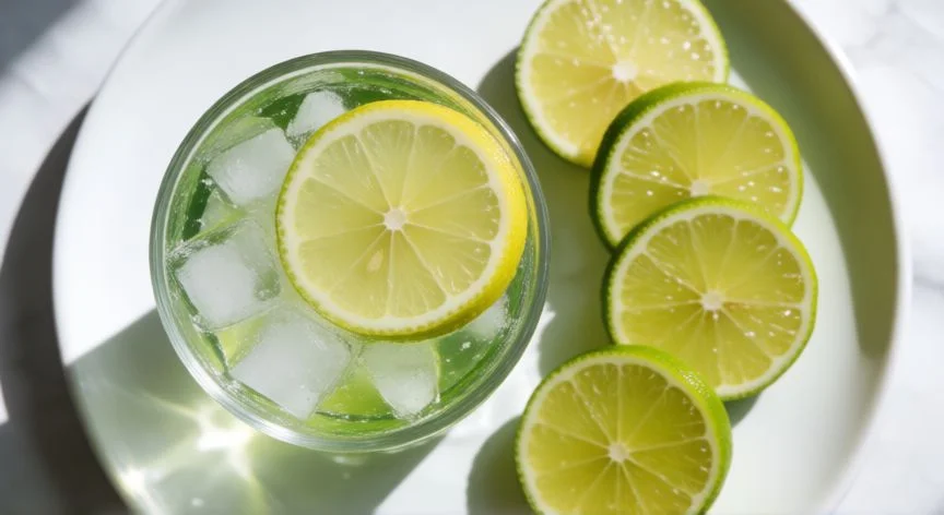 diferencia entre 7up y sprite, Vaso de refresco cítrico con rodajas de lima fresca en una bandeja blanca estilo fotográfico comercial