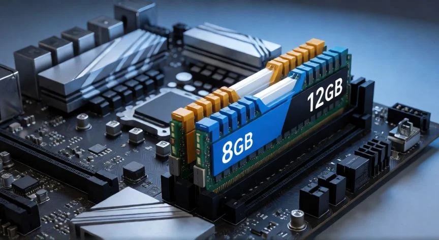 diferencia entre 8 y 12 gb de ram, Detalle de módulos de memoria RAM instalados en una placa base mostrando capacidad