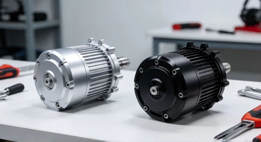 Comparativa visual de motores eléctricos de diferentes potencias en taller