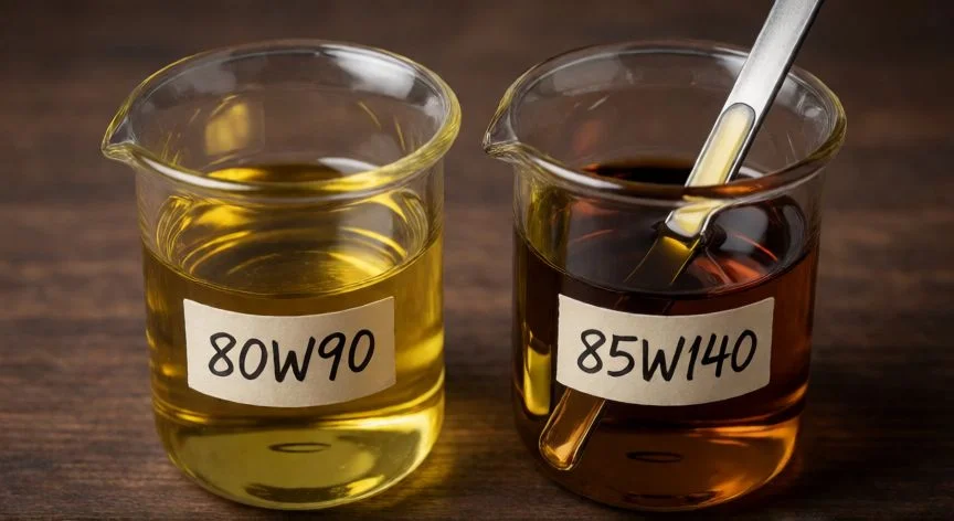 Comparación visual de viscosidad entre aceite 80W90 y 85W140 en vasos de vidrio