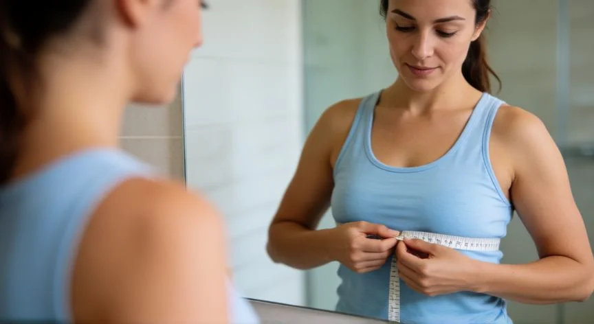 diferencia entre 85b y 90b, Mujer midiéndose el contorno bajo el pecho con cinta métrica en el espejo