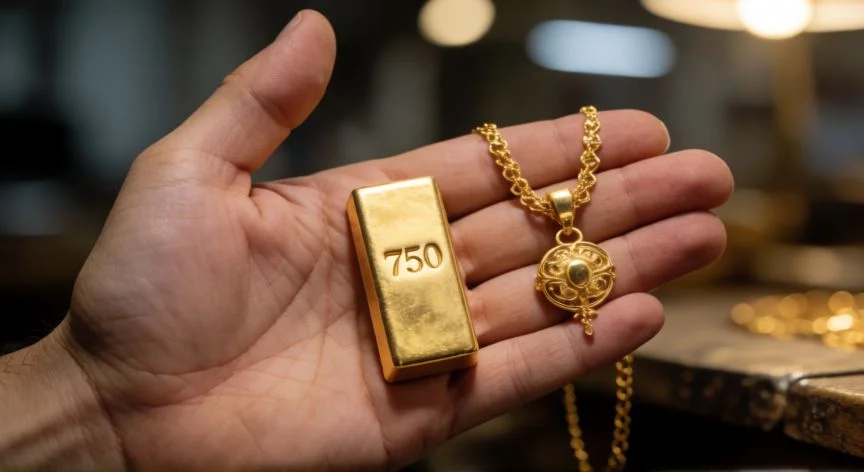 diferencia entre 9 y 18 kilates, Barra de oro con marca de pureza y joyería de oro amarillo brillante