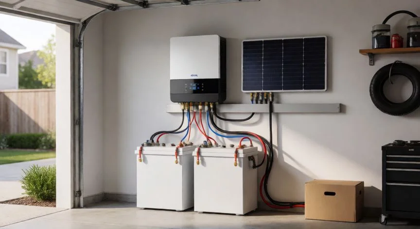 diferencia entre 91v y 94v, Instalación de inversor solar conectado a banco de baterías de alto voltaje en garaje