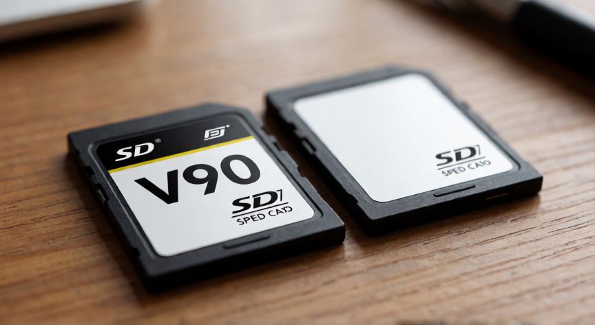 Comparación física de tarjetas SD con clasificación V90 y genéricas
