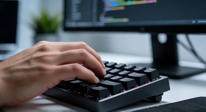 diferencia entre 99 y 100 eclipse, Manos de un programador trabajando en Eclipse 100 con teclado mecánico
