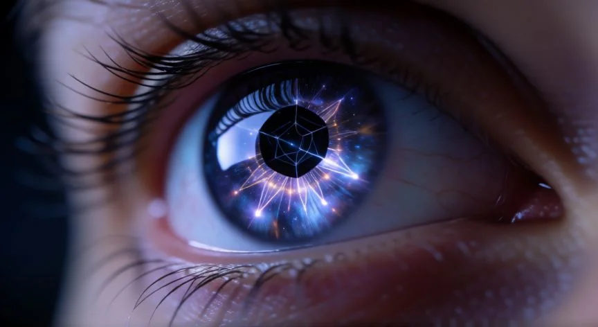 Ojo humano reflejando estructuras cósmicas simbolizando el conocimiento divino