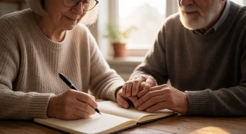 diferencia entre alzheimer y demencia, Pareja mayor buscando apoyo en la memoria y comunicación diaria