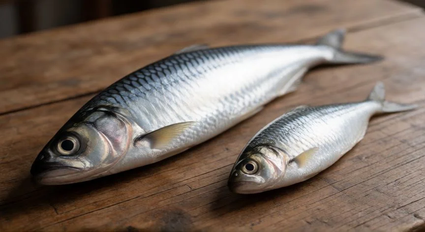 Comparativa visual de tamaño entre una anchoa grande y un boquerón pequeño sobre madera