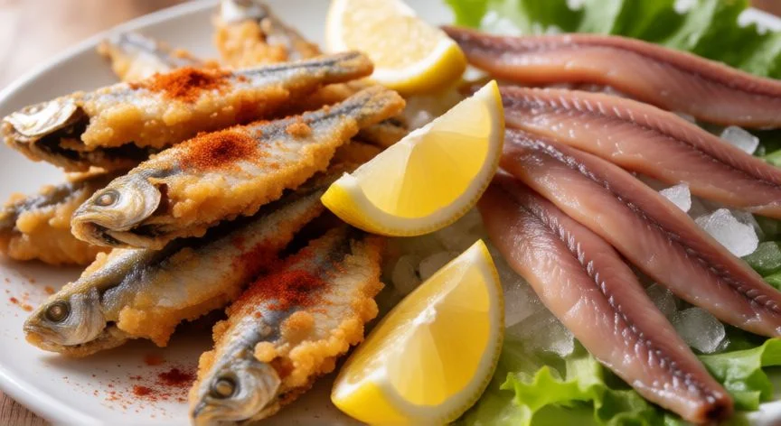 diferencia entre anchoa y boqueron, Plato con boquerones fritos crujientes y anchoas en conserva sobre lechuga