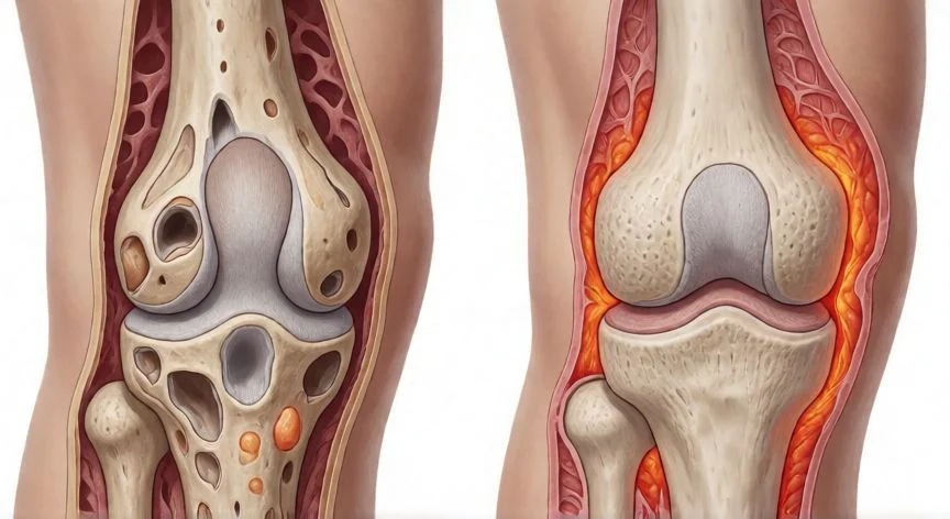 diferencia entre artrosis y artritis, Ilustración comparativa de la diferencia entre artrosis y artritis en una rodilla