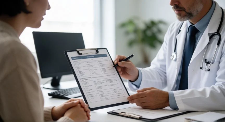 Doctor explicando el diagnóstico de espectro autista en una consulta médica