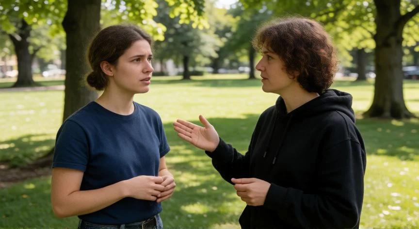 diferencia entre asperger y autismo, Persona con dificultades para interpretar señales sociales durante una conversación en un parque