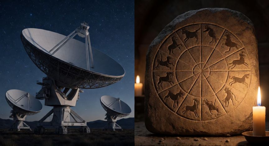 Comparación visual entre un telescopio astronómico moderno y una piedra antigua con constelaciones zodiacales