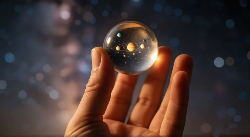 diferencia entre astronomía y astrología, Mano sosteniendo un modelo del sistema solar en una esfera de cristal con fondo estrellado